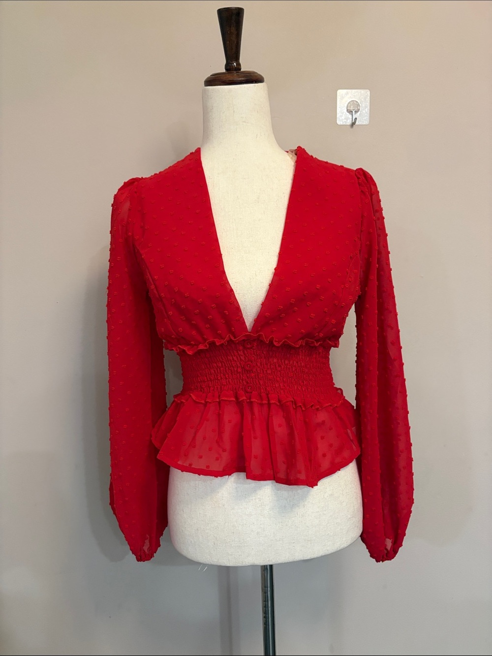 Fashion Nova blouse top Swiss dotted red long sleeve smocked waist peplum